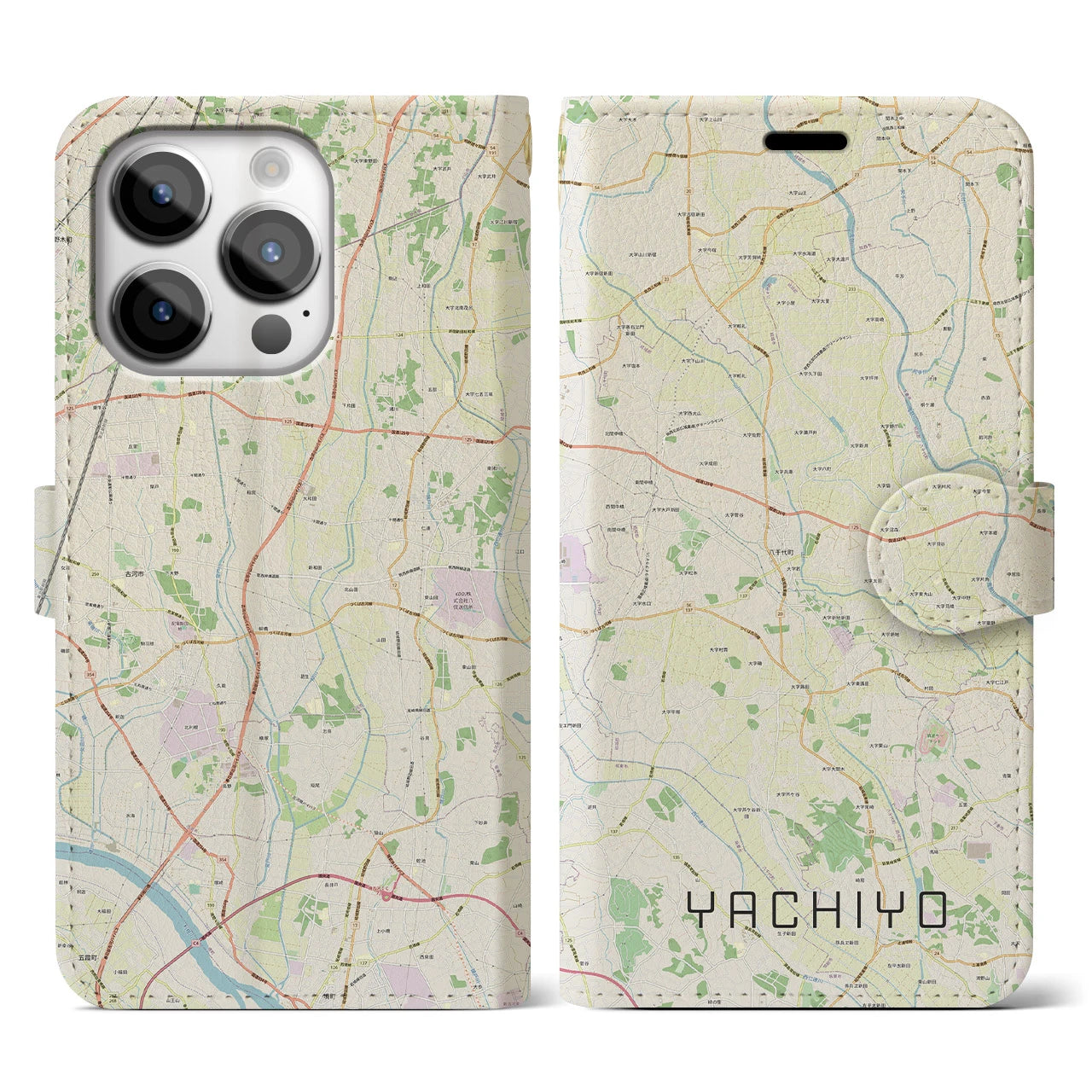 【八千代（茨城県）】地図柄iPhoneケース（手帳両面タイプ・ナチュラル）iPhone 14 Pro 用