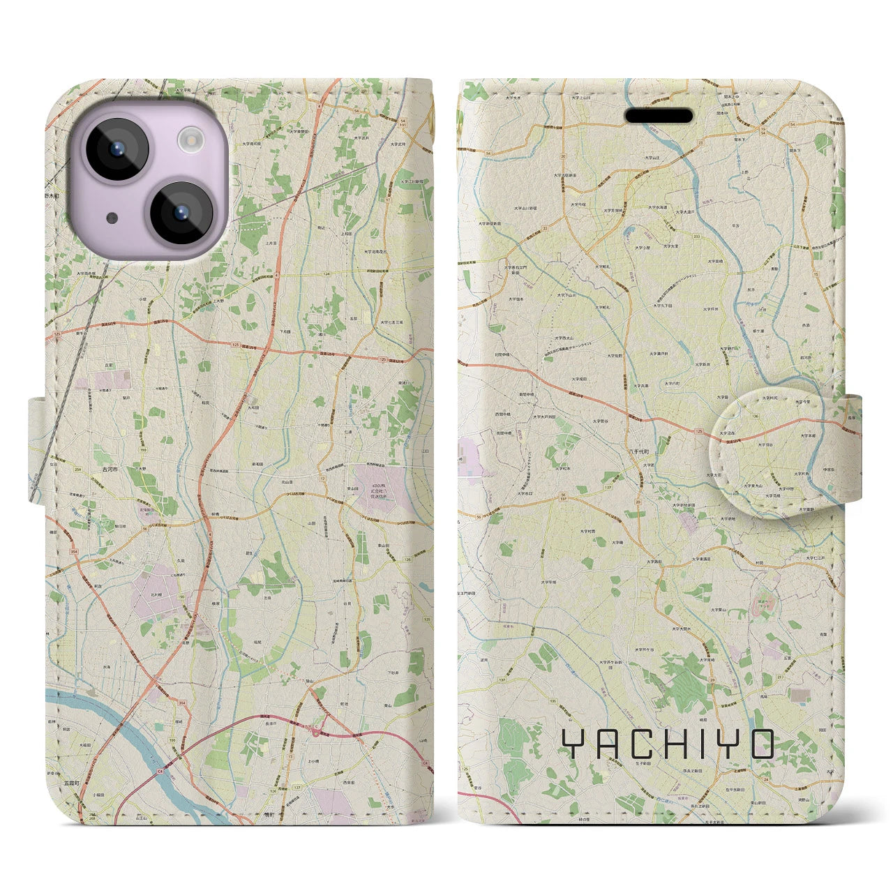 【八千代（茨城県）】地図柄iPhoneケース（手帳両面タイプ・ナチュラル）iPhone 14 用