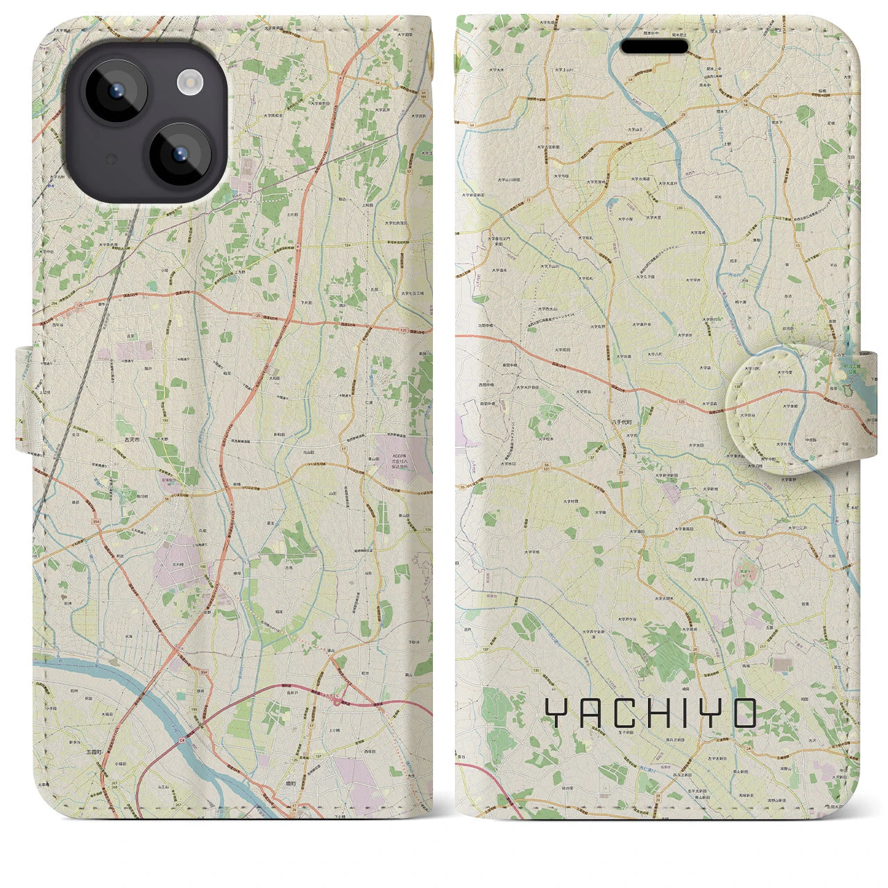 【八千代（茨城県）】地図柄iPhoneケース（手帳両面タイプ・ナチュラル）iPhone 14 Plus 用