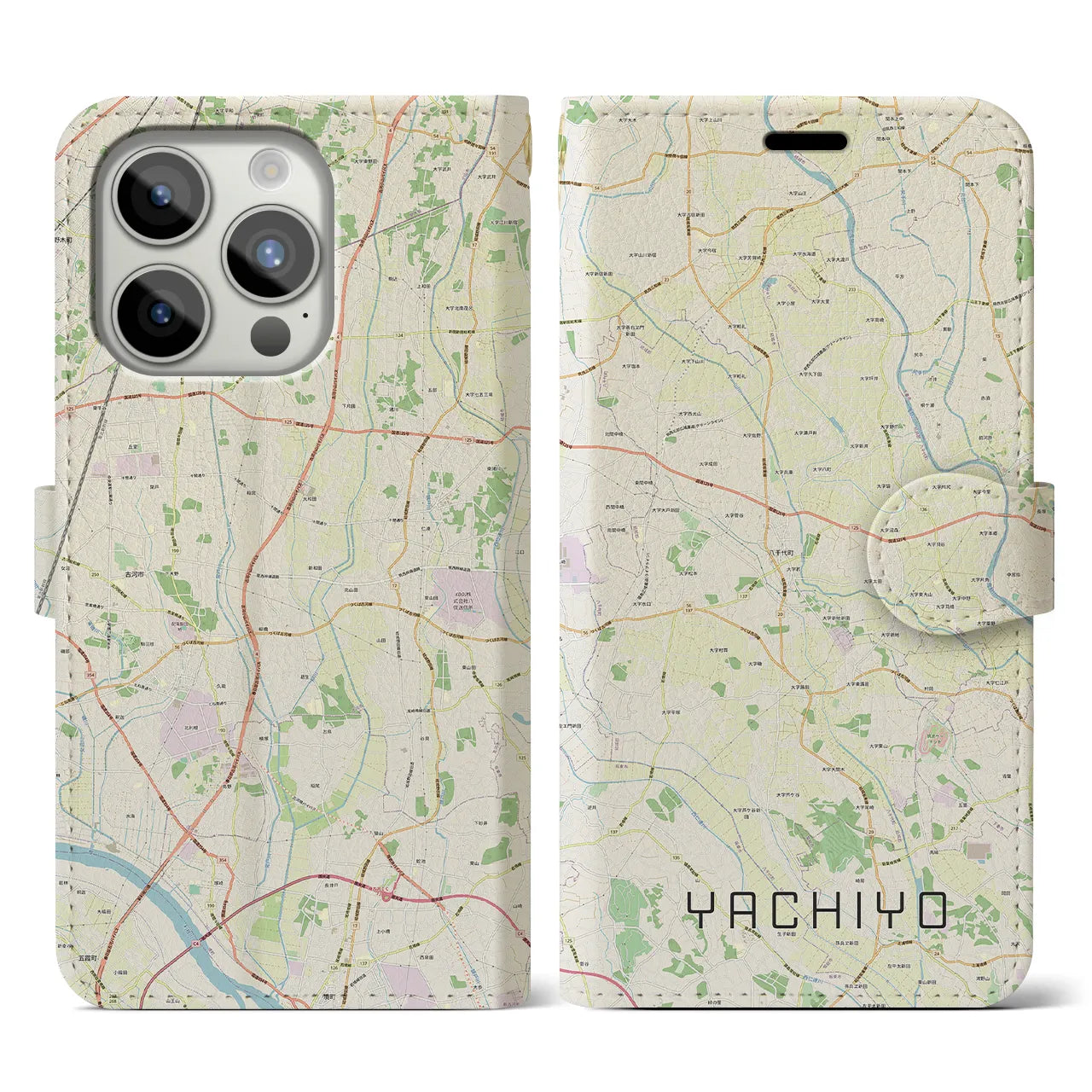 【八千代（茨城県）】地図柄iPhoneケース（手帳両面タイプ・ナチュラル）iPhone 15 Pro 用
