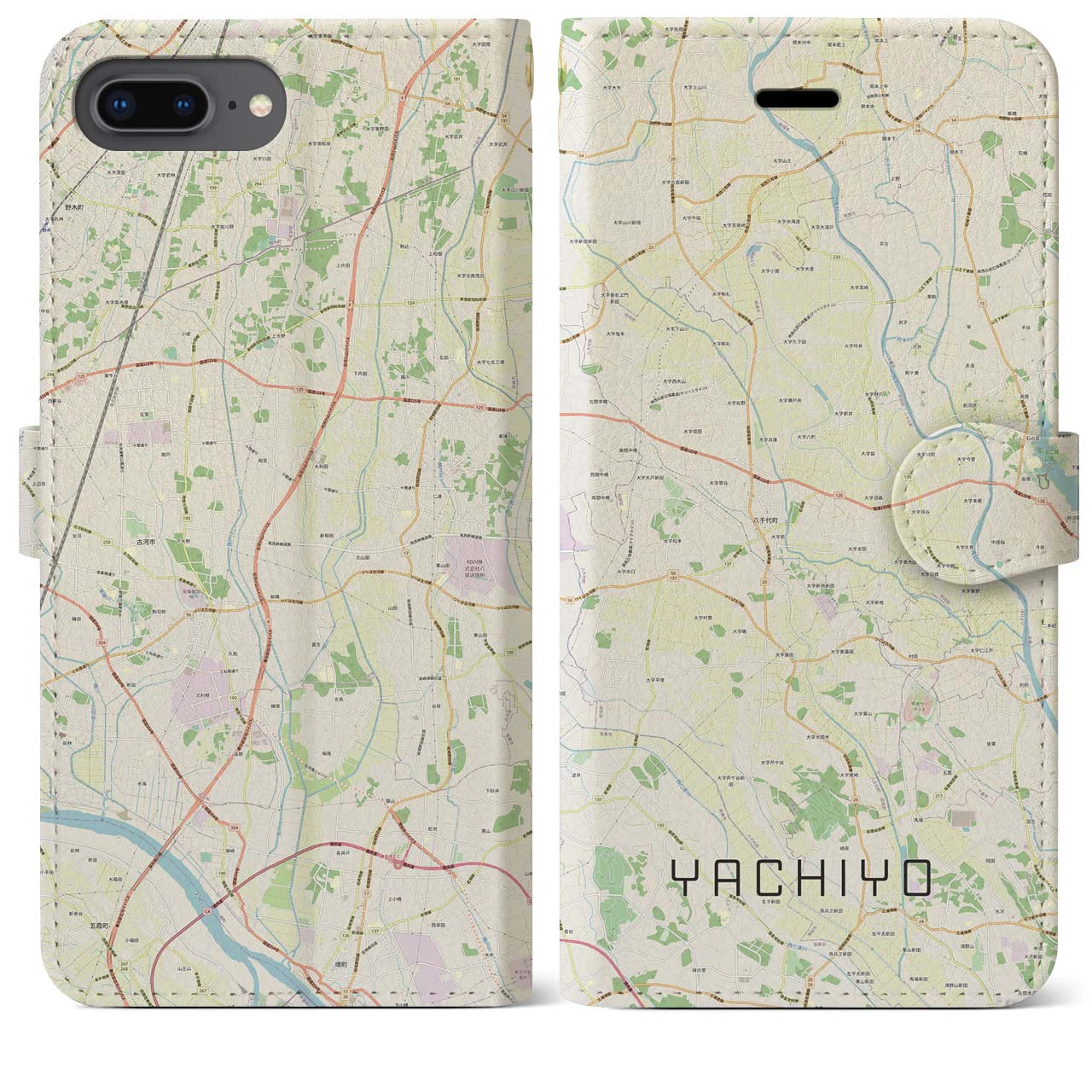 【八千代（茨城県）】地図柄iPhoneケース（手帳両面タイプ・ナチュラル）iPhone 8Plus /7Plus / 6sPlus / 6Plus 用