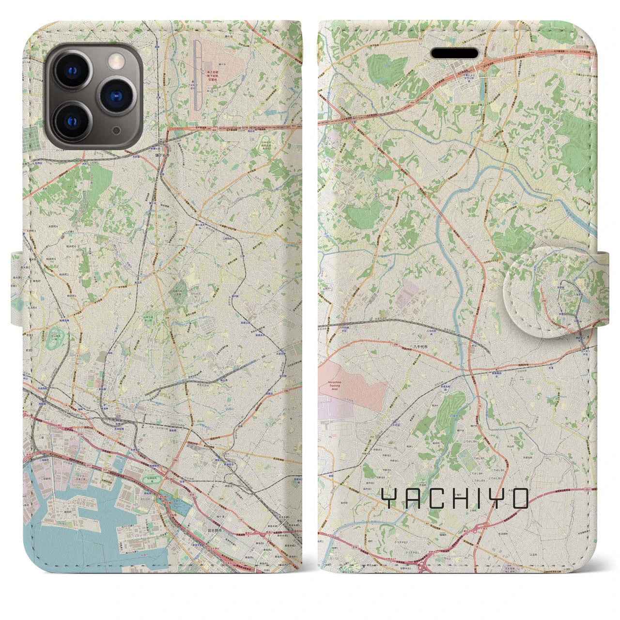 【八千代】地図柄iPhoneケース（手帳両面タイプ・ナチュラル）iPhone 11 Pro Max 用