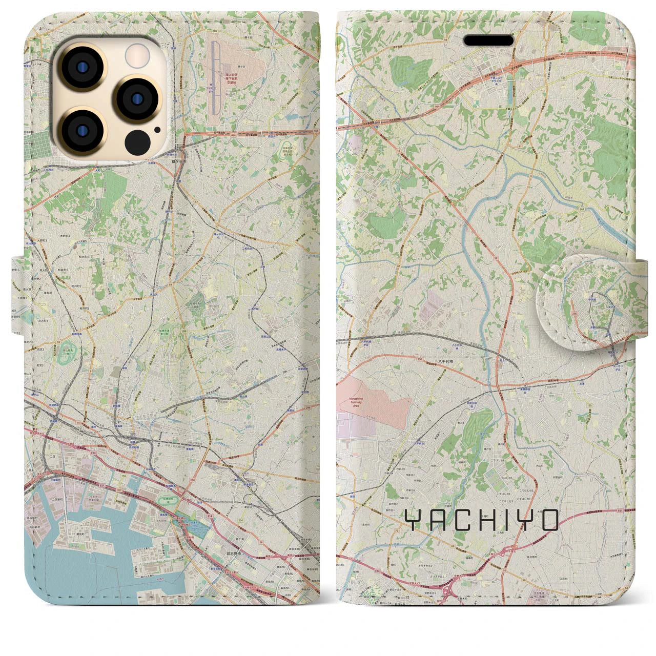 【八千代】地図柄iPhoneケース（手帳両面タイプ・ナチュラル）iPhone 12 Pro Max 用