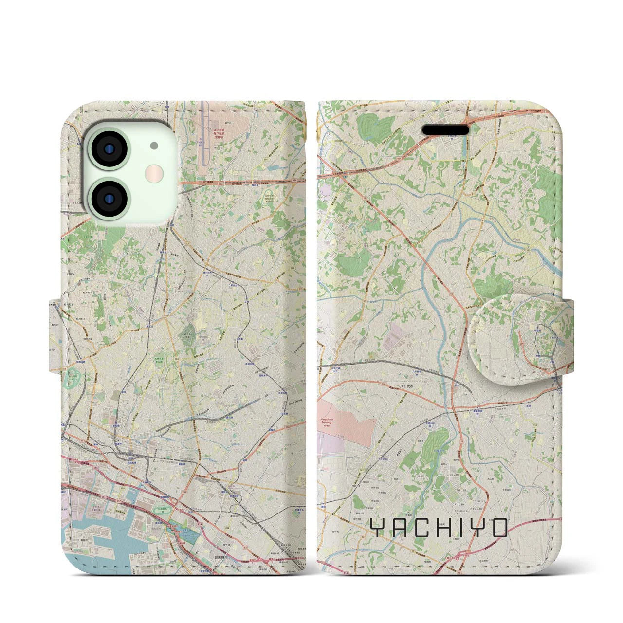 【八千代】地図柄iPhoneケース（手帳両面タイプ・ナチュラル）iPhone 12 mini 用