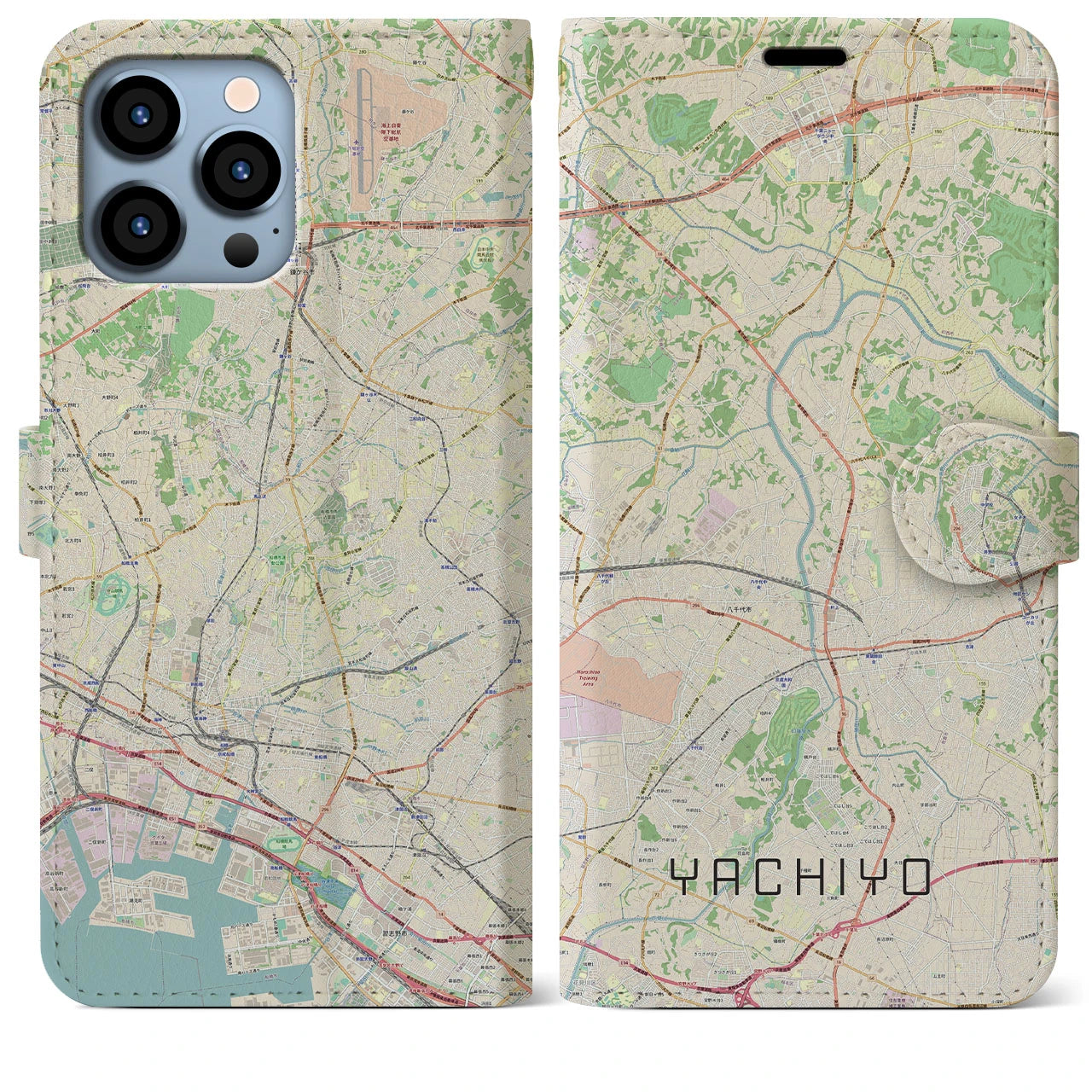 【八千代】地図柄iPhoneケース（手帳両面タイプ・ナチュラル）iPhone 13 Pro Max 用