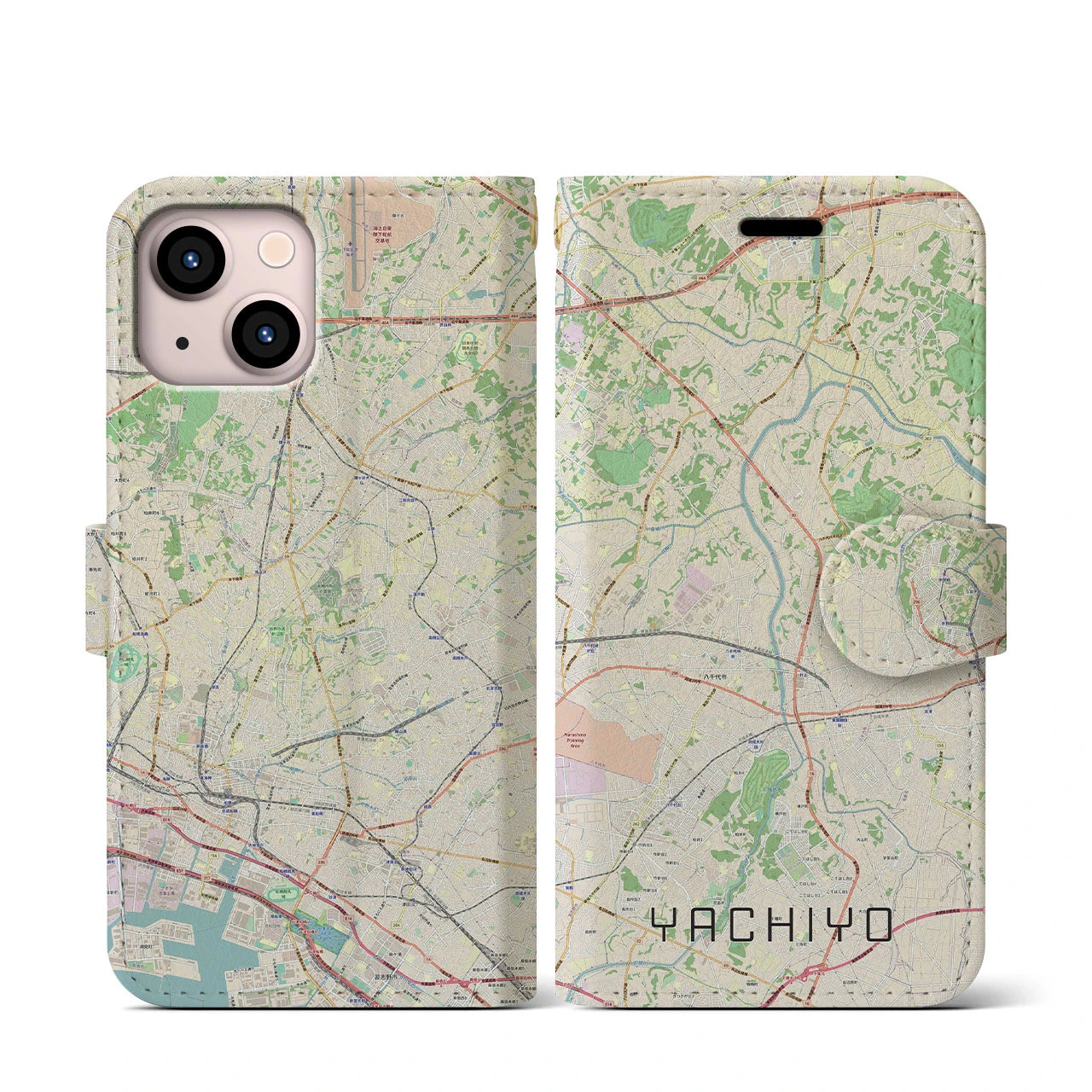 【八千代】地図柄iPhoneケース（手帳両面タイプ・ナチュラル）iPhone 13 mini 用