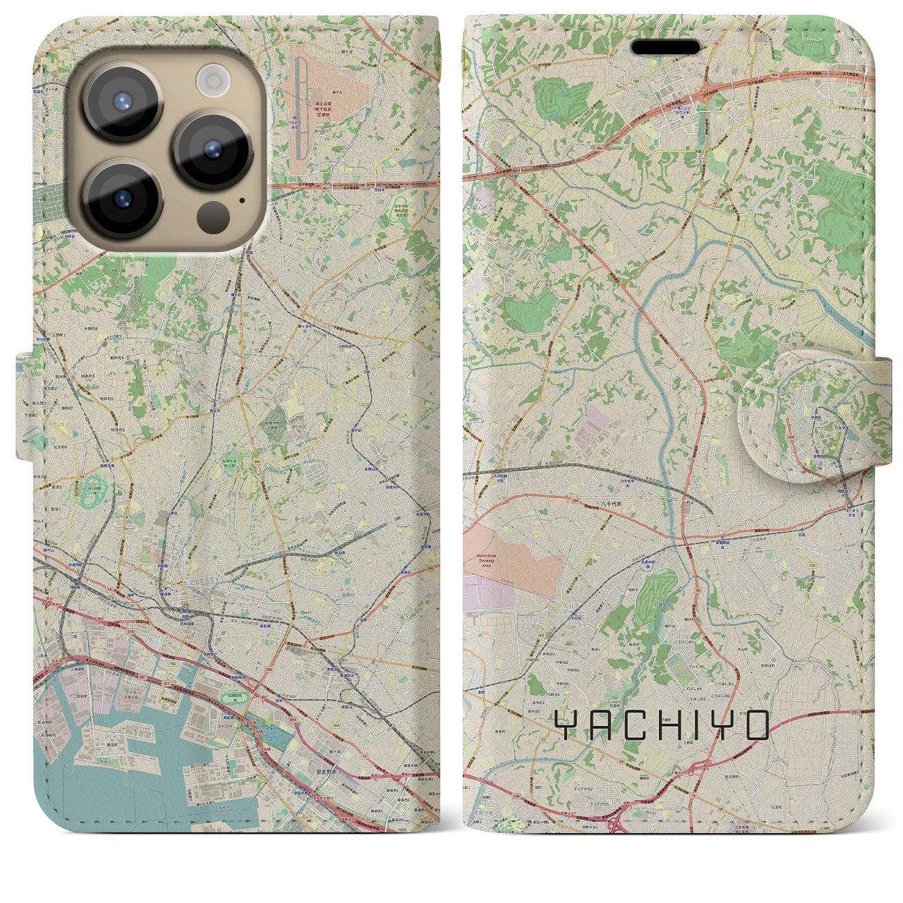 【八千代】地図柄iPhoneケース（手帳両面タイプ・ナチュラル）iPhone 14 Pro Max 用