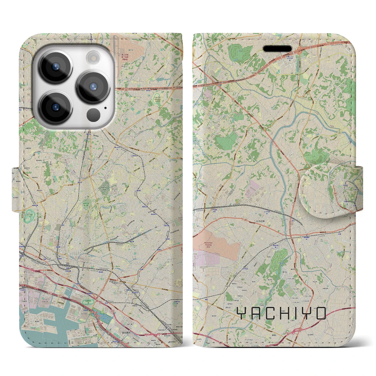 【八千代】地図柄iPhoneケース（手帳両面タイプ・ナチュラル）iPhone 14 Pro 用