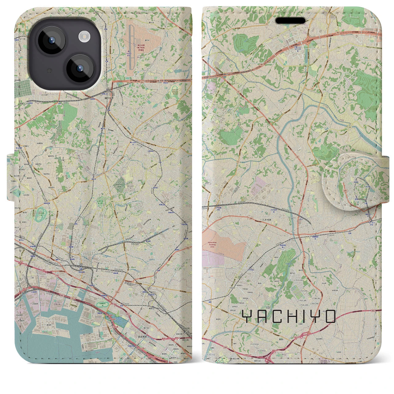 【八千代】地図柄iPhoneケース（手帳両面タイプ・ナチュラル）iPhone 14 Plus 用