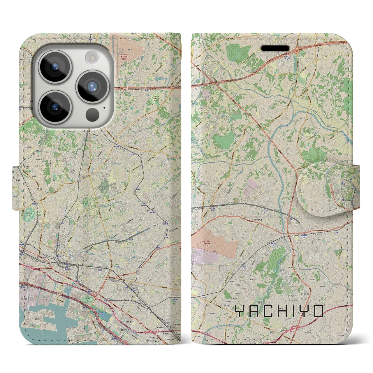 【八千代】地図柄iPhoneケース（手帳両面タイプ・ナチュラル）iPhone 15 Pro 用