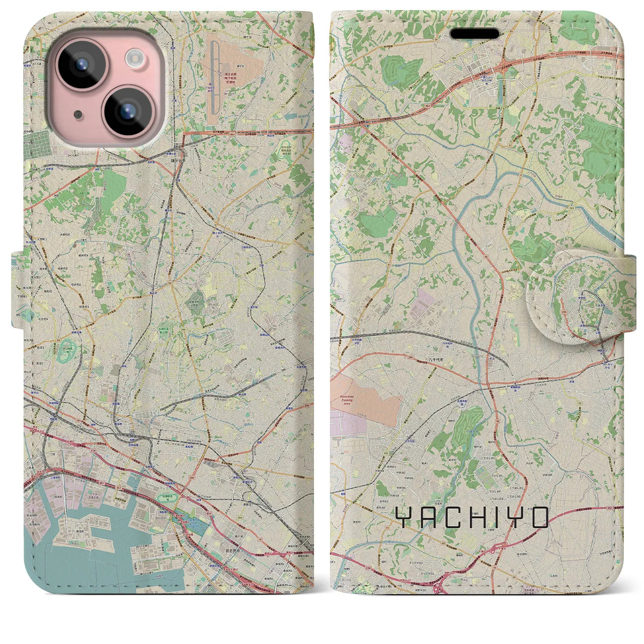 【八千代】地図柄iPhoneケース（手帳両面タイプ・ナチュラル）iPhone 15 Plus 用
