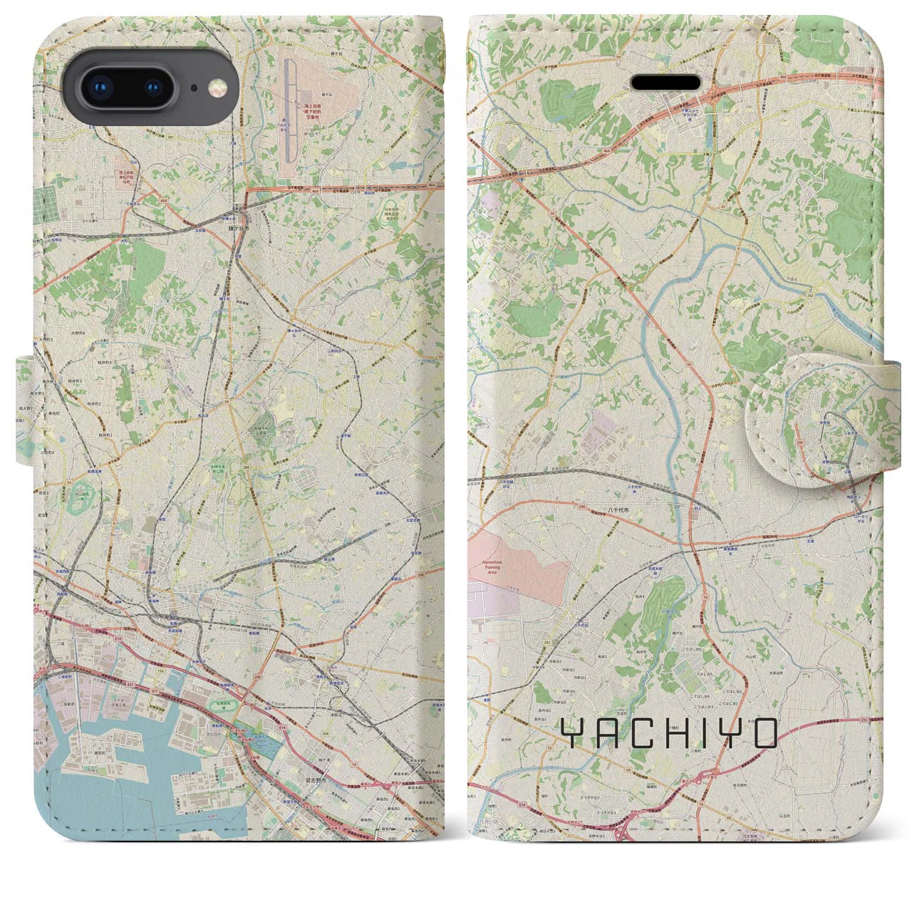 【八千代】地図柄iPhoneケース（手帳両面タイプ・ナチュラル）iPhone 8Plus /7Plus / 6sPlus / 6Plus 用