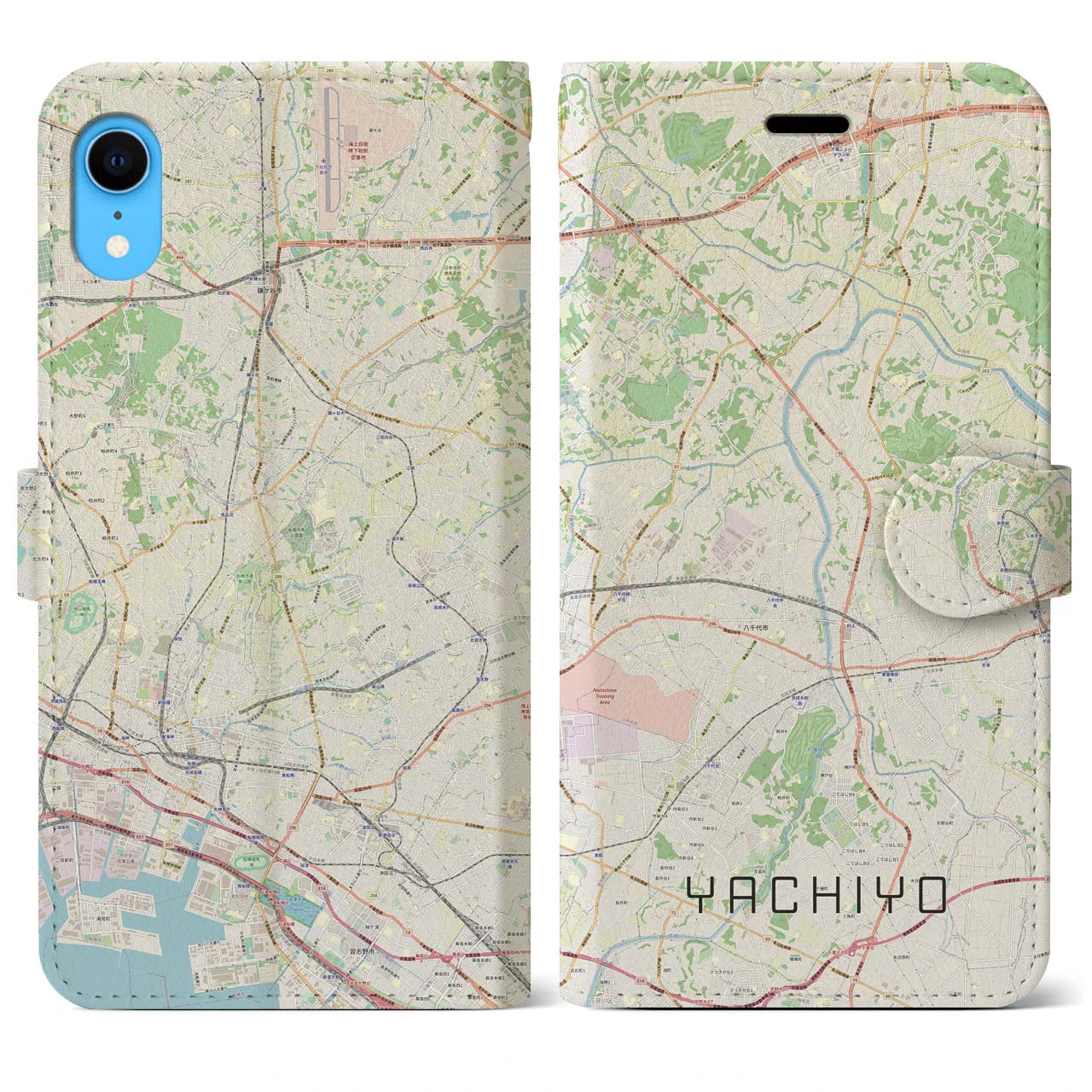 【八千代】地図柄iPhoneケース（手帳両面タイプ・ナチュラル）iPhone XR 用