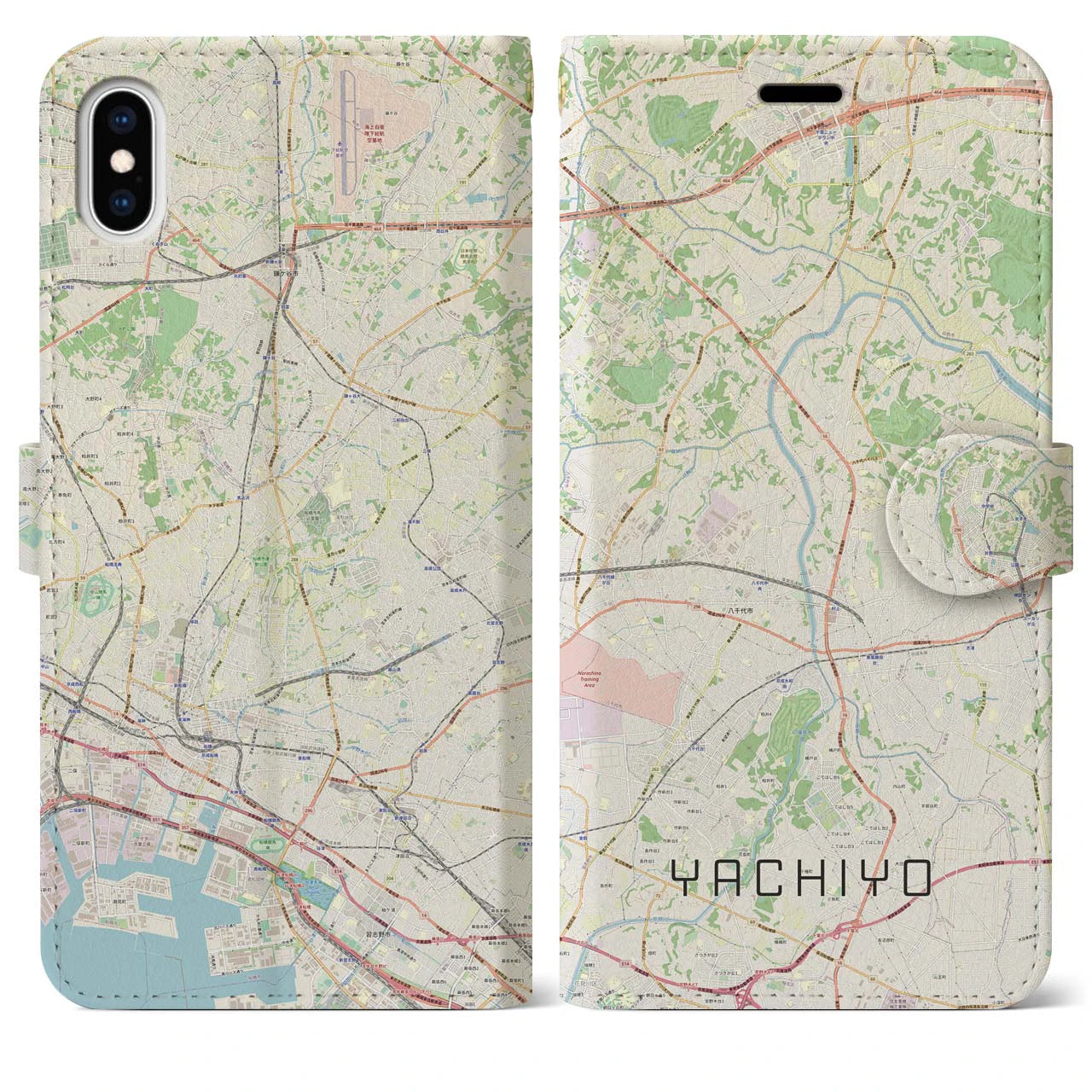 【八千代】地図柄iPhoneケース（手帳両面タイプ・ナチュラル）iPhone XS Max 用