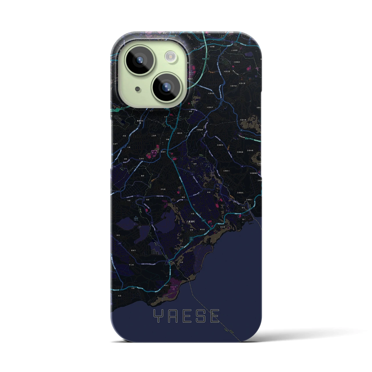 【八重瀬】地図柄iPhoneケース（バックカバータイプ・ブラック）iPhone 15 用