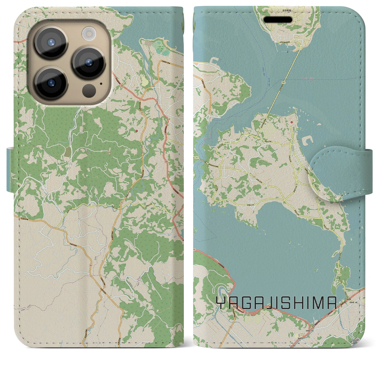 【屋我地島】地図柄iPhoneケース（手帳両面タイプ・ナチュラル）iPhone 14 Pro Max 用