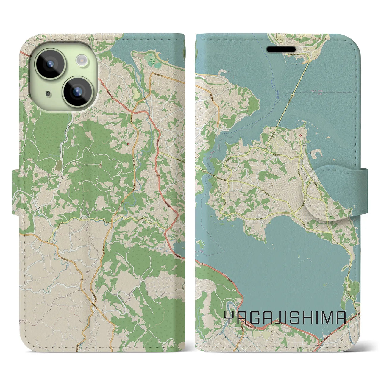 【屋我地島】地図柄iPhoneケース（手帳両面タイプ・ナチュラル）iPhone 15 用