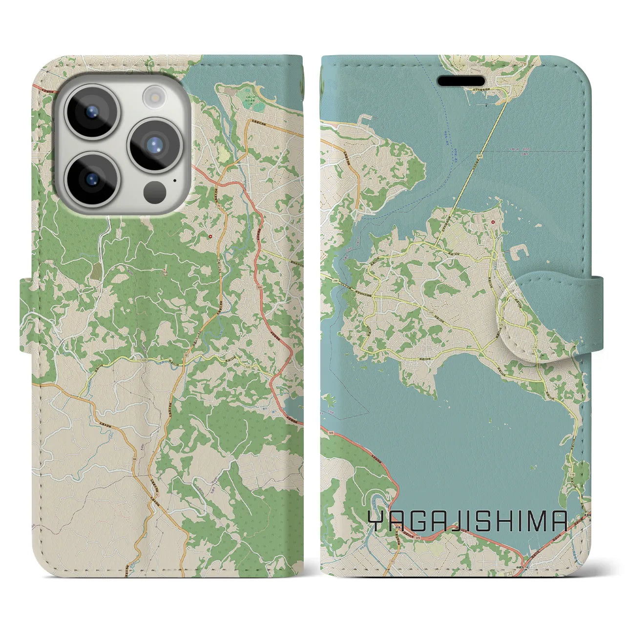 【屋我地島】地図柄iPhoneケース（手帳両面タイプ・ナチュラル）iPhone 15 Pro 用