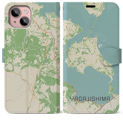【屋我地島（沖縄県）】地図柄iPhoneケース（手帳タイプ）ナチュラル・iPhone 15 Plus 用
