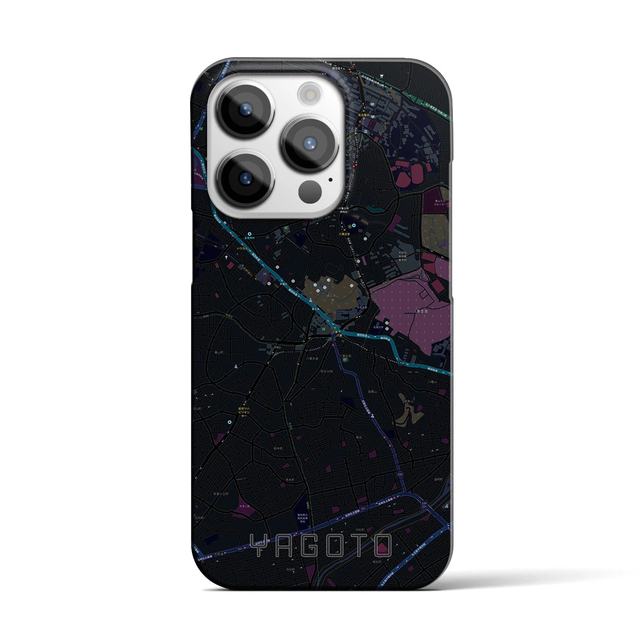 【八事】地図柄iPhoneケース（バックカバータイプ・ブラック）iPhone 14 Pro 用