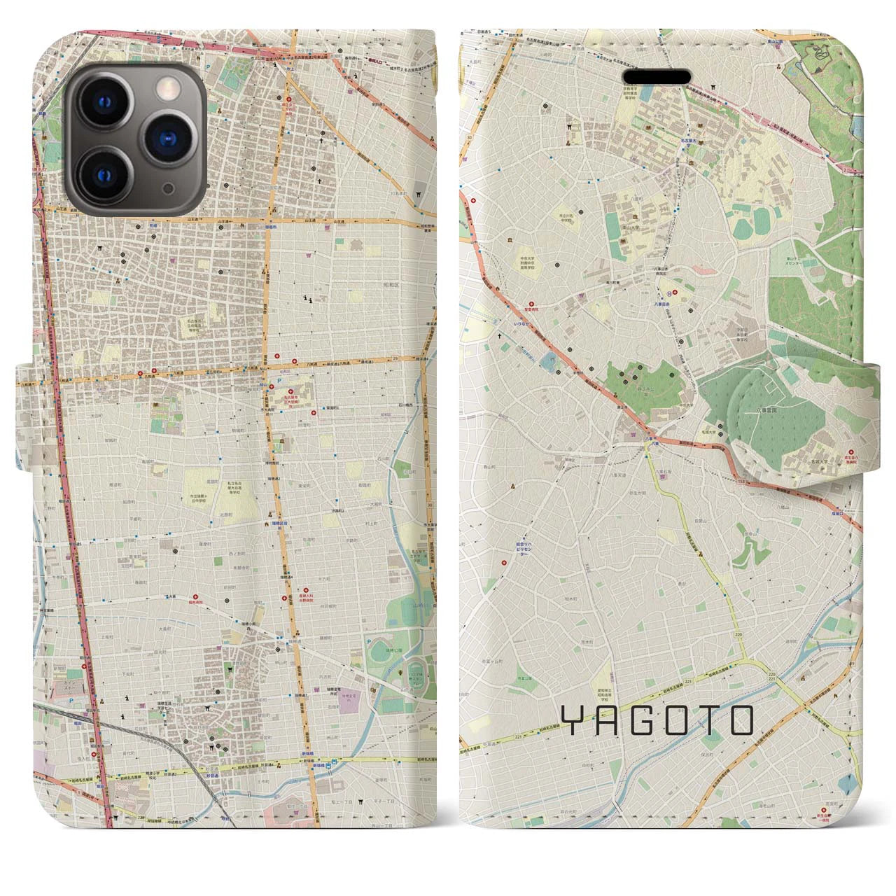 【八事】地図柄iPhoneケース（手帳両面タイプ・ナチュラル）iPhone 11 Pro Max 用