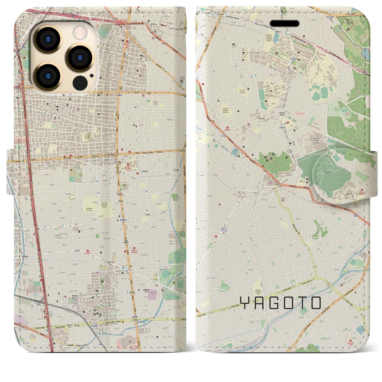 【八事】地図柄iPhoneケース（手帳両面タイプ・ナチュラル）iPhone 12 Pro Max 用