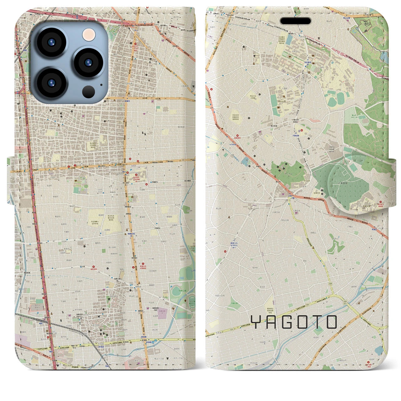 【八事】地図柄iPhoneケース（手帳両面タイプ・ナチュラル）iPhone 13 Pro Max 用