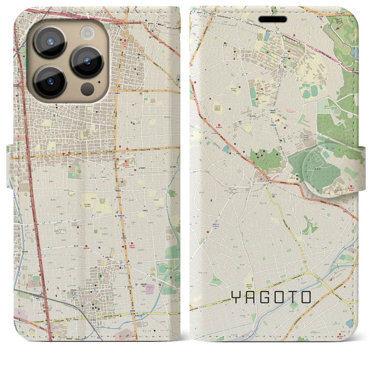 【八事】地図柄iPhoneケース（手帳両面タイプ・ナチュラル）iPhone 14 Pro Max 用