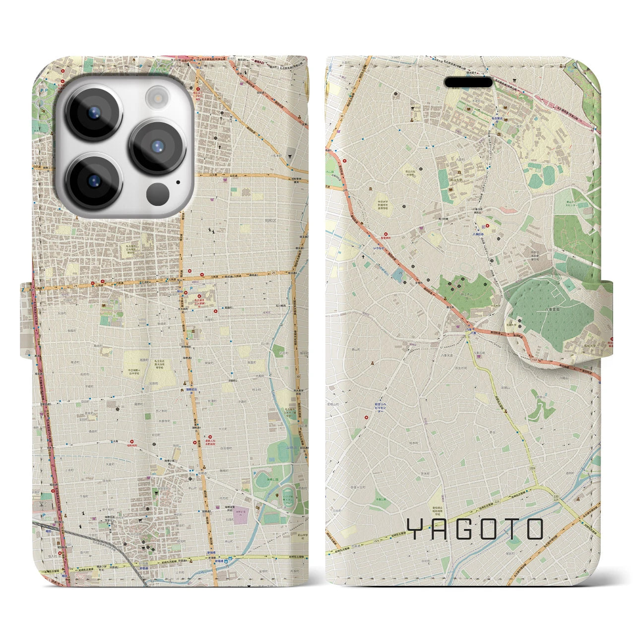 【八事】地図柄iPhoneケース（手帳両面タイプ・ナチュラル）iPhone 14 Pro 用