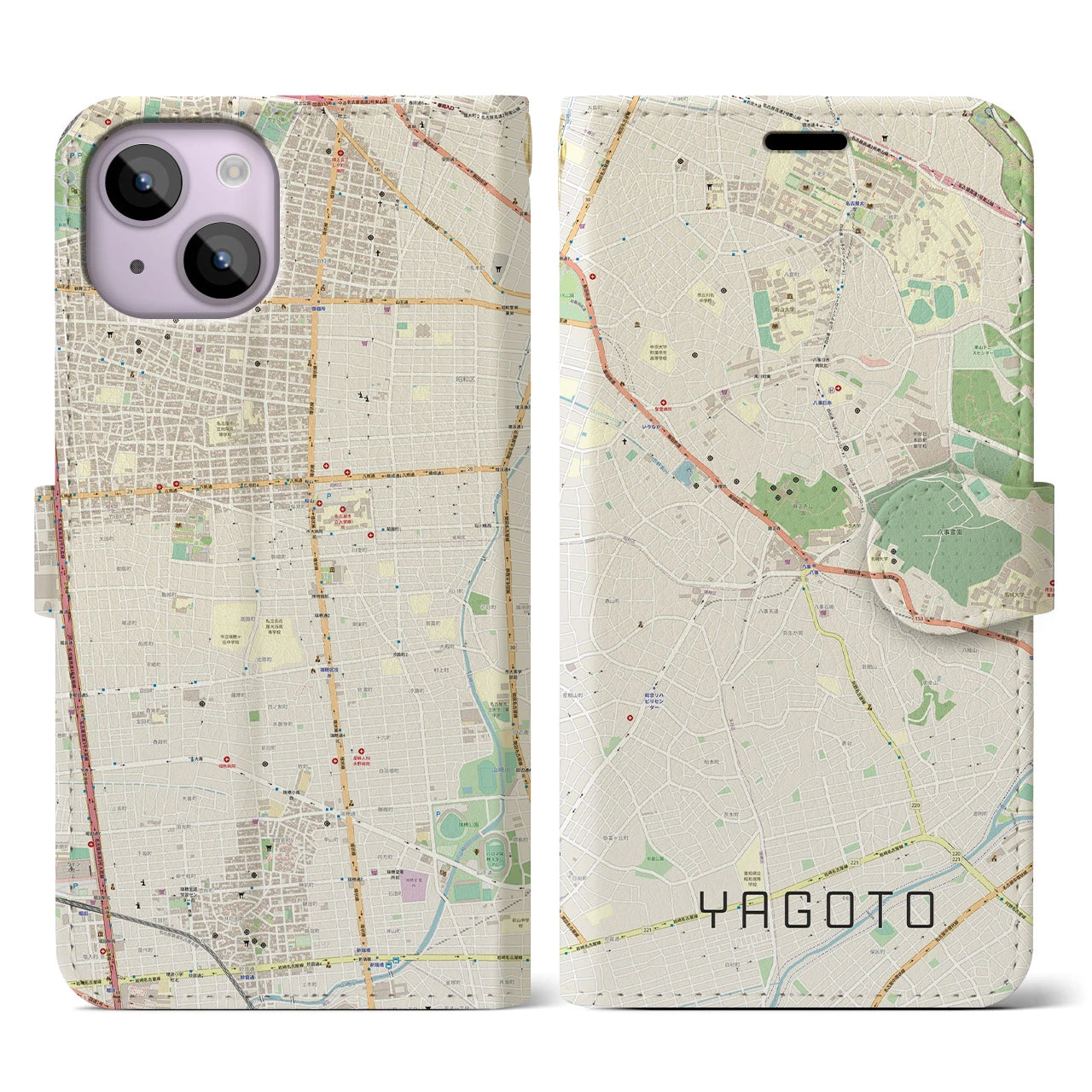 【八事】地図柄iPhoneケース（手帳両面タイプ・ナチュラル）iPhone 14 用