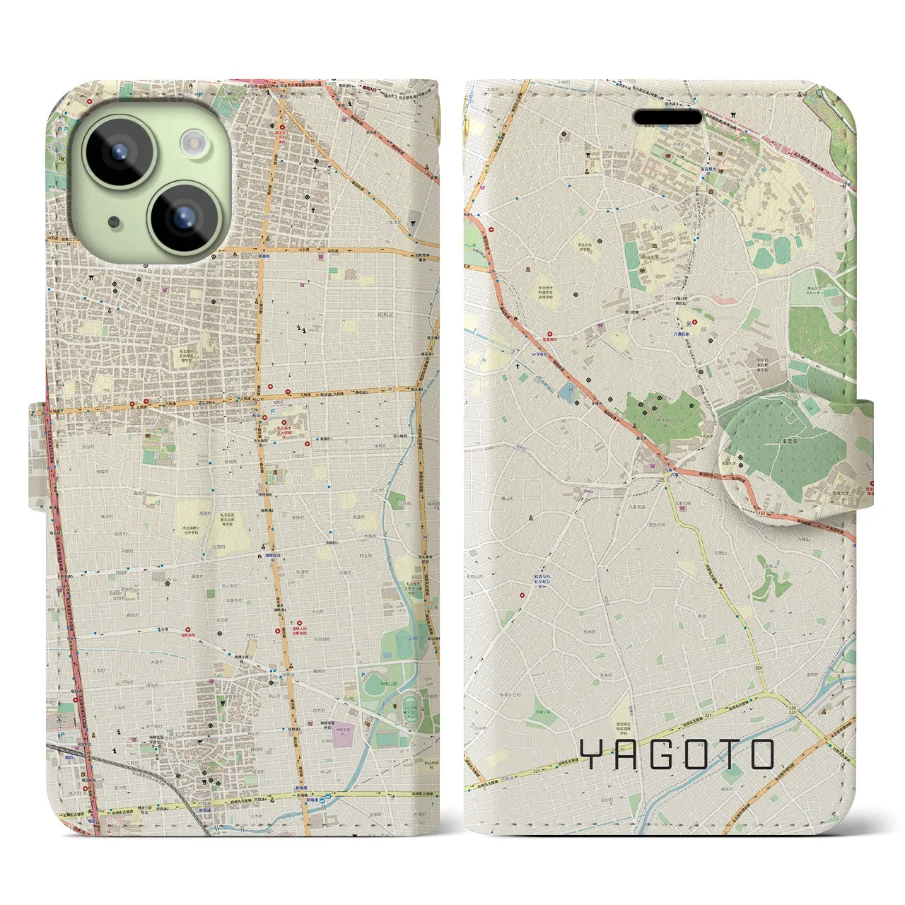 【八事】地図柄iPhoneケース（手帳両面タイプ・ナチュラル）iPhone 15 用