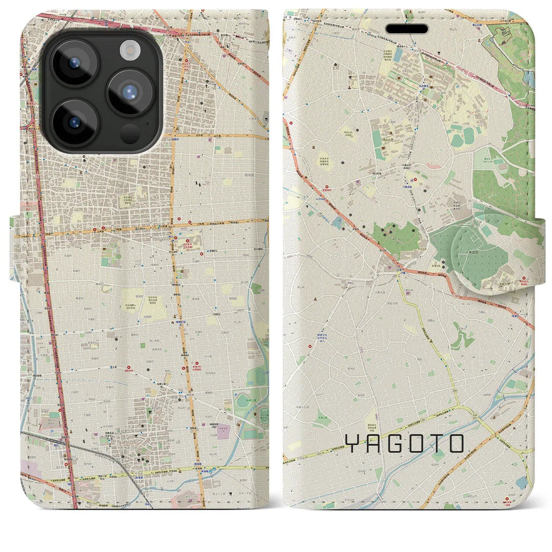 【八事】地図柄iPhoneケース（手帳両面タイプ・ナチュラル）iPhone 15 Pro Max 用