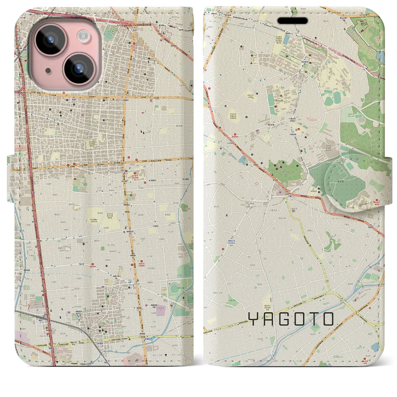 【八事】地図柄iPhoneケース（手帳両面タイプ・ナチュラル）iPhone 15 Plus 用