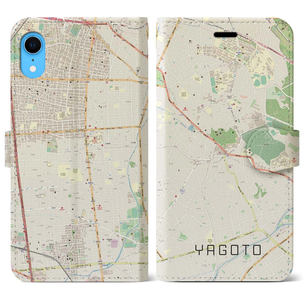 【八事】地図柄iPhoneケース（手帳両面タイプ・ナチュラル）iPhone XR 用