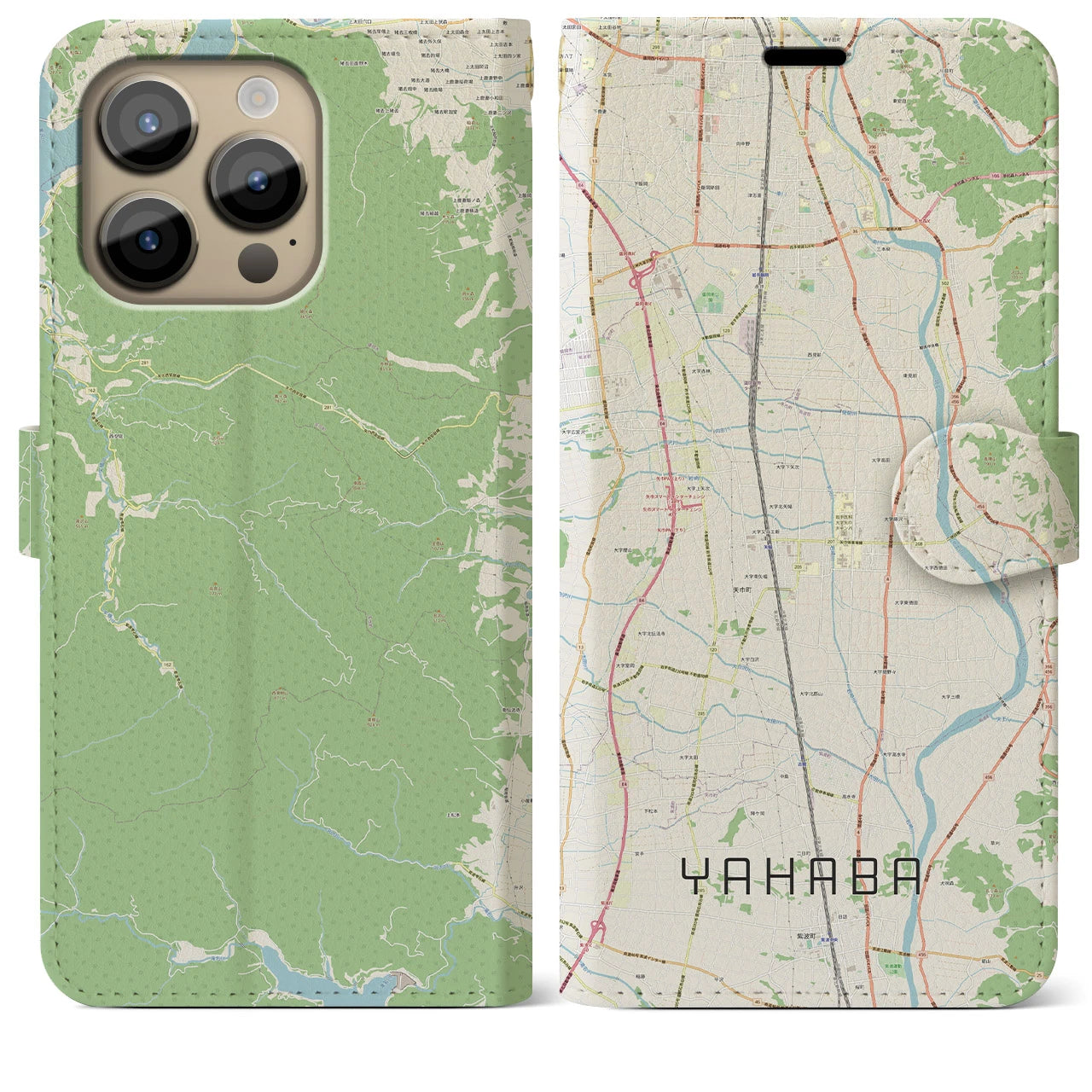 【矢巾】地図柄iPhoneケース（手帳両面タイプ・ナチュラル）iPhone 14 Pro Max 用