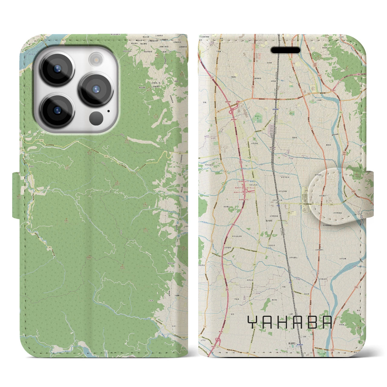【矢巾】地図柄iPhoneケース（手帳両面タイプ・ナチュラル）iPhone 14 Pro 用