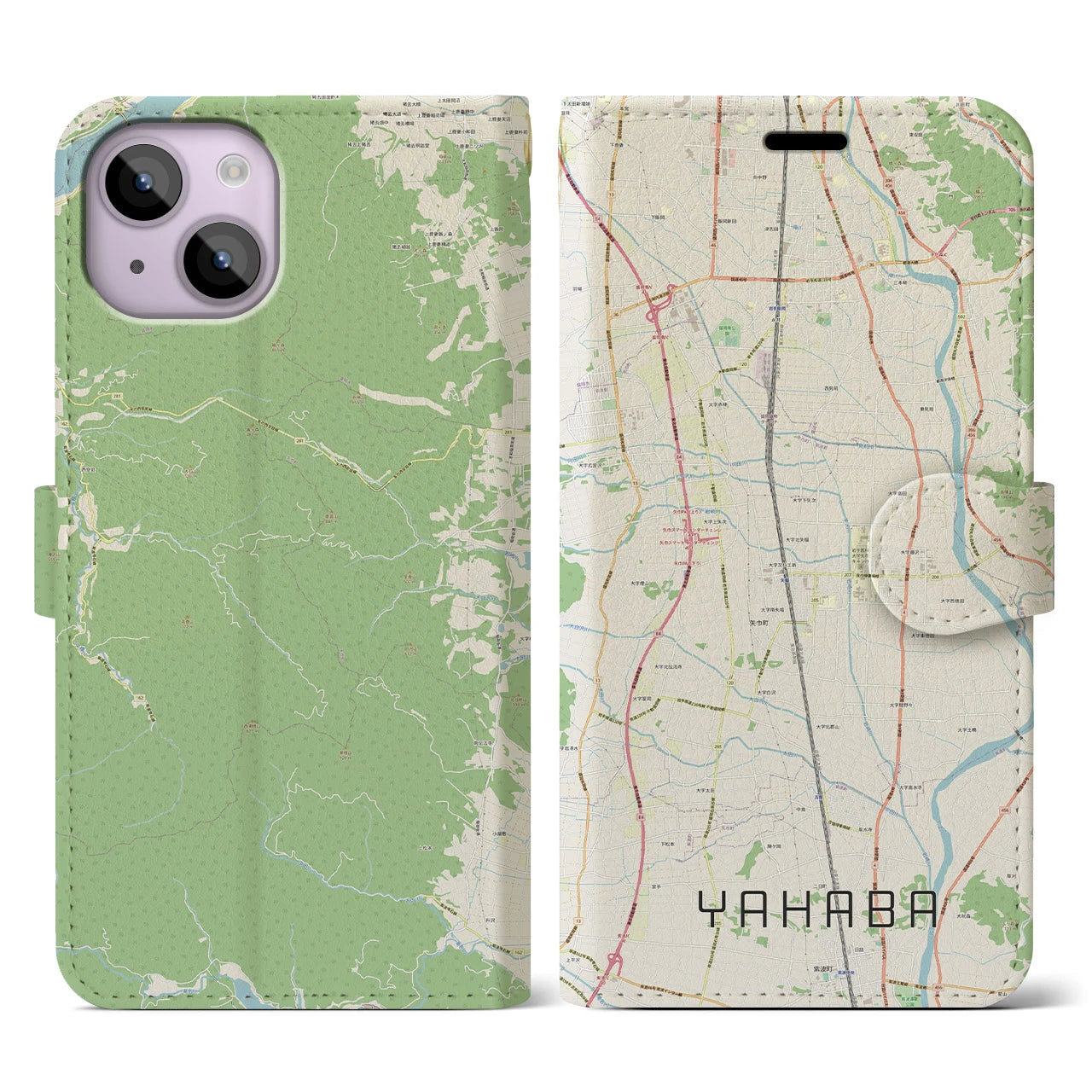 【矢巾】地図柄iPhoneケース（手帳両面タイプ・ナチュラル）iPhone 14 用