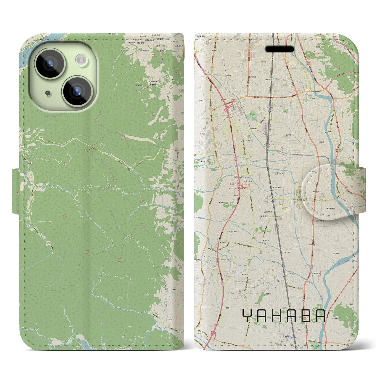 【矢巾】地図柄iPhoneケース（手帳両面タイプ・ナチュラル）iPhone 15 用
