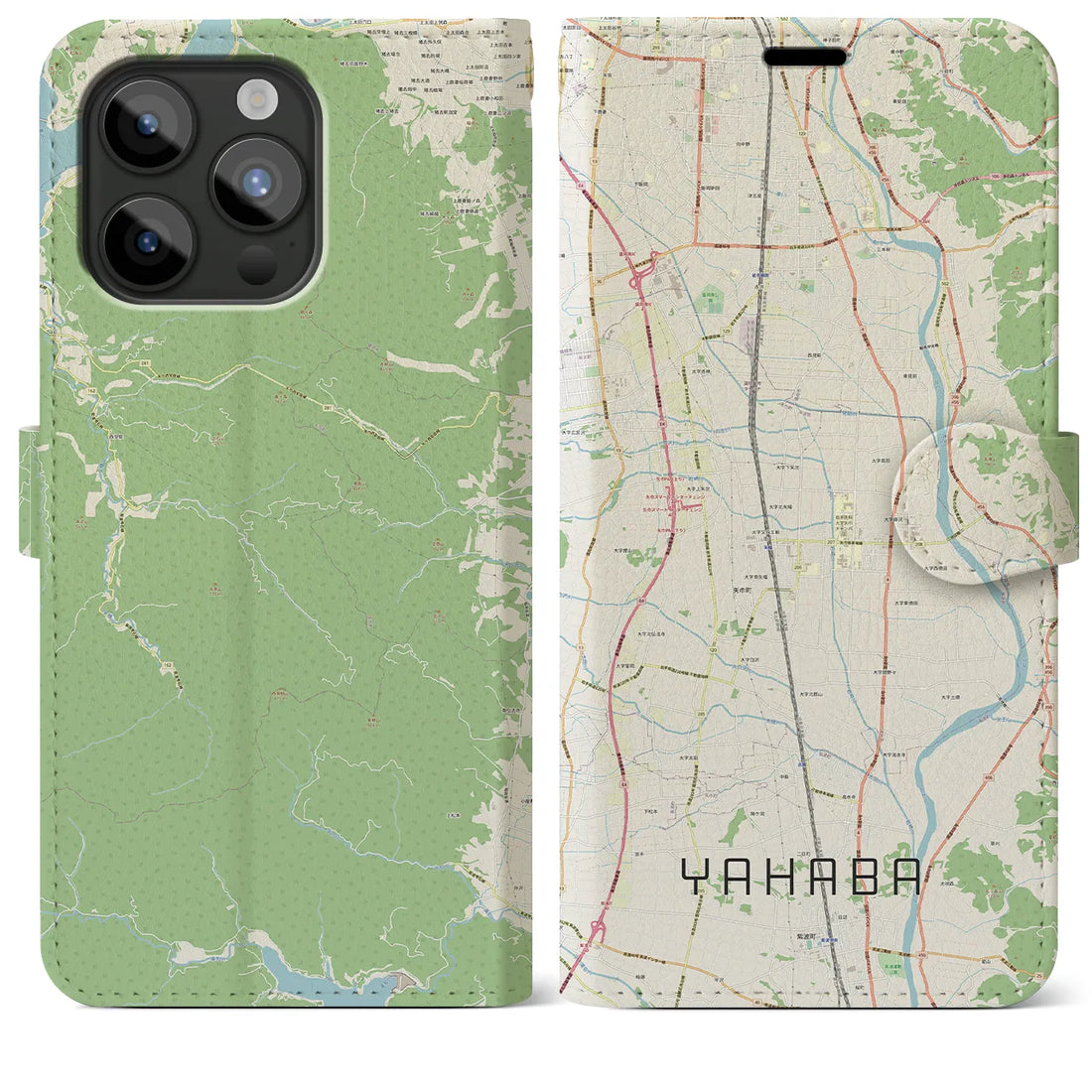 【矢巾】地図柄iPhoneケース（手帳両面タイプ・ナチュラル）iPhone 15 Pro Max 用