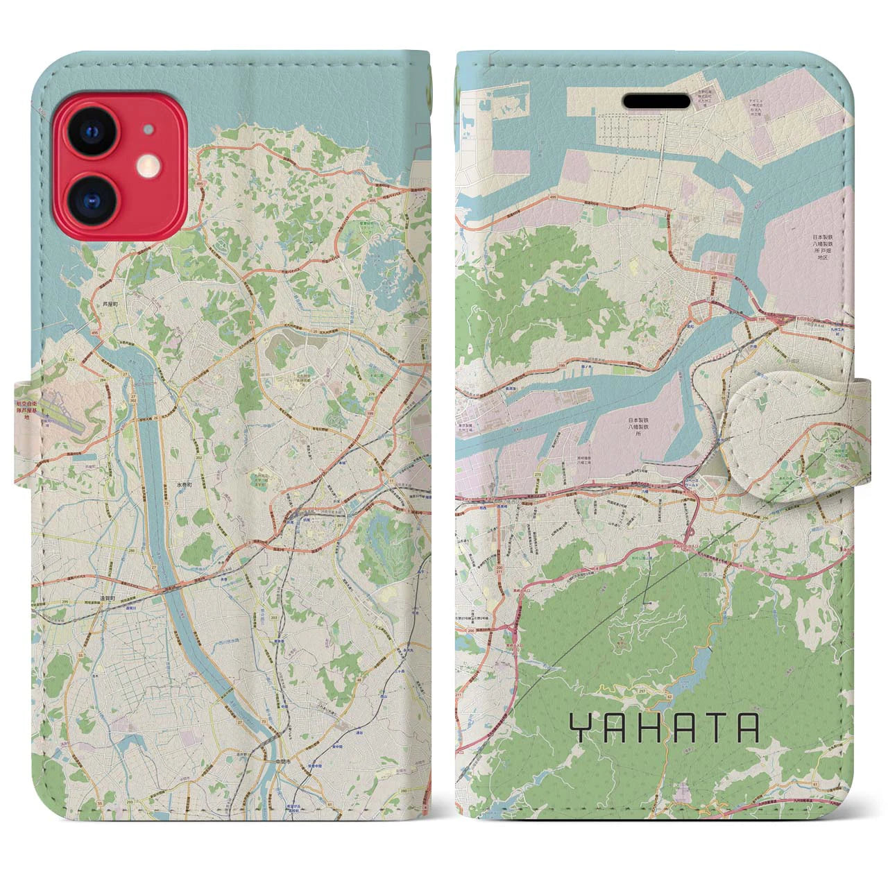 【八幡】地図柄iPhoneケース（手帳両面タイプ・ナチュラル）iPhone 11 用