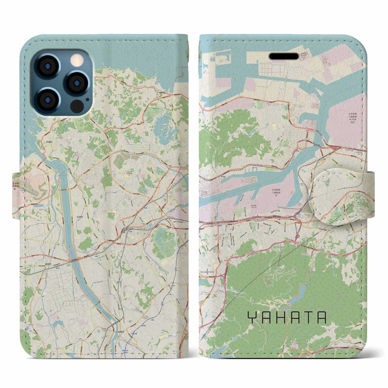 【八幡】地図柄iPhoneケース（手帳両面タイプ・ナチュラル）iPhone 12 / 12 Pro 用