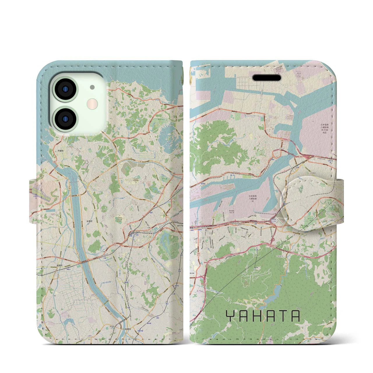 【八幡】地図柄iPhoneケース（手帳両面タイプ・ナチュラル）iPhone 12 mini 用