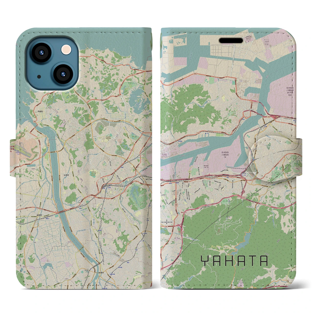 【八幡】地図柄iPhoneケース（手帳両面タイプ・ナチュラル）iPhone 13 用