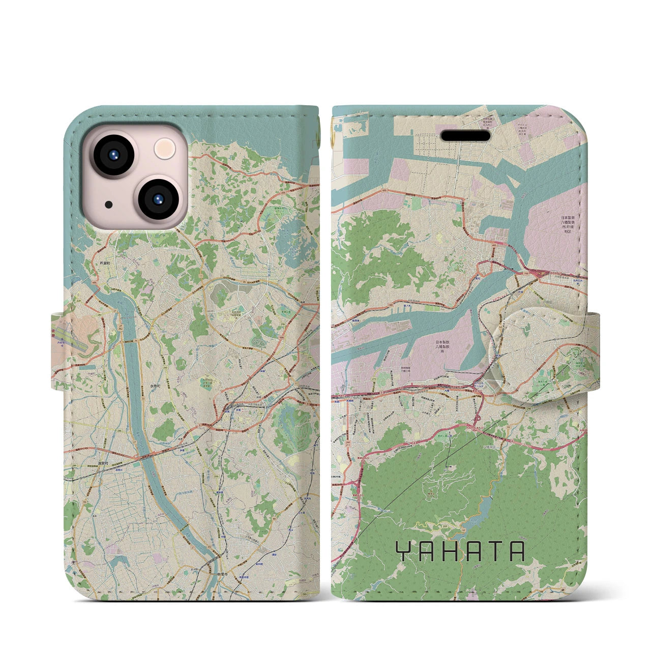 【八幡】地図柄iPhoneケース（手帳両面タイプ・ナチュラル）iPhone 13 mini 用