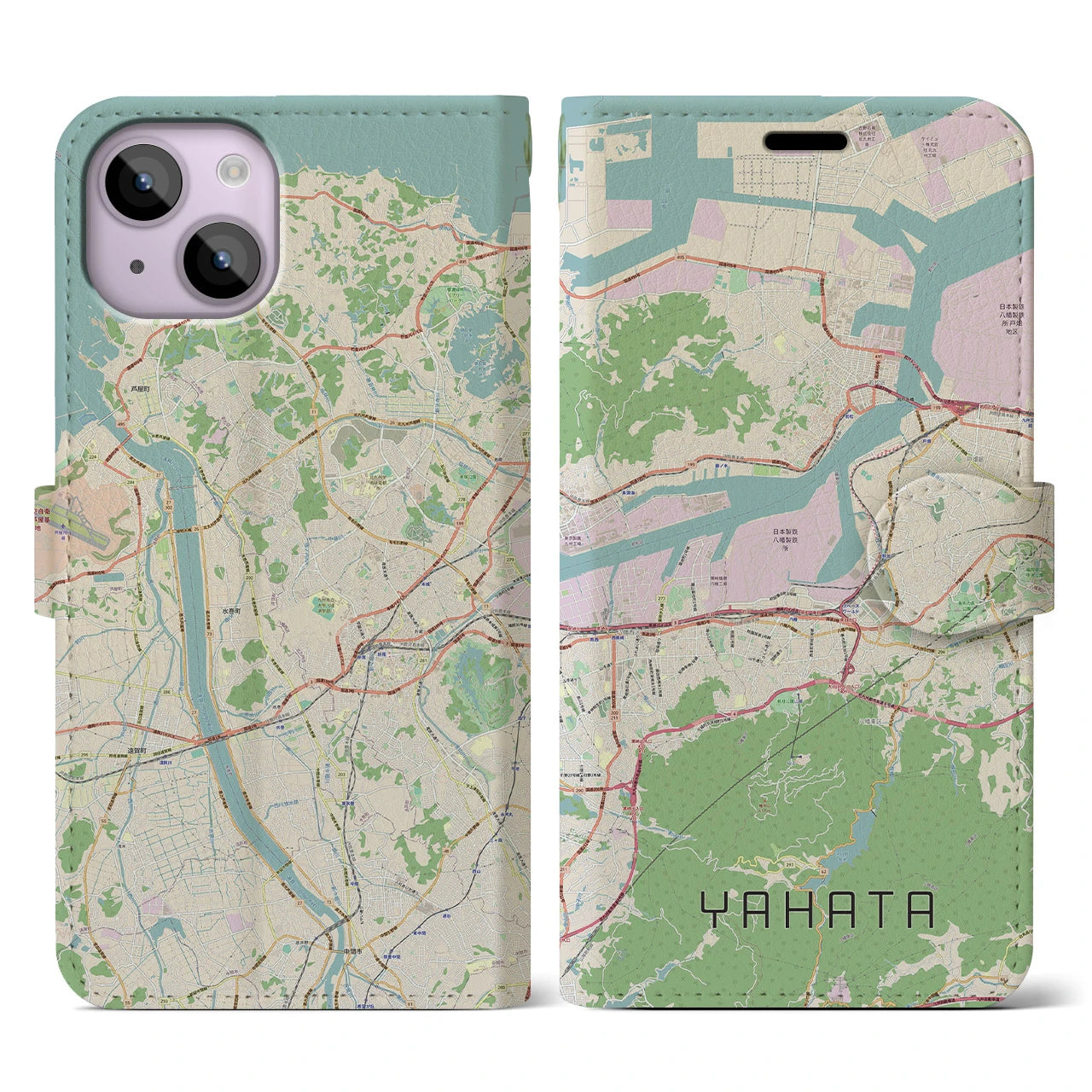 【八幡】地図柄iPhoneケース（手帳両面タイプ・ナチュラル）iPhone 14 用