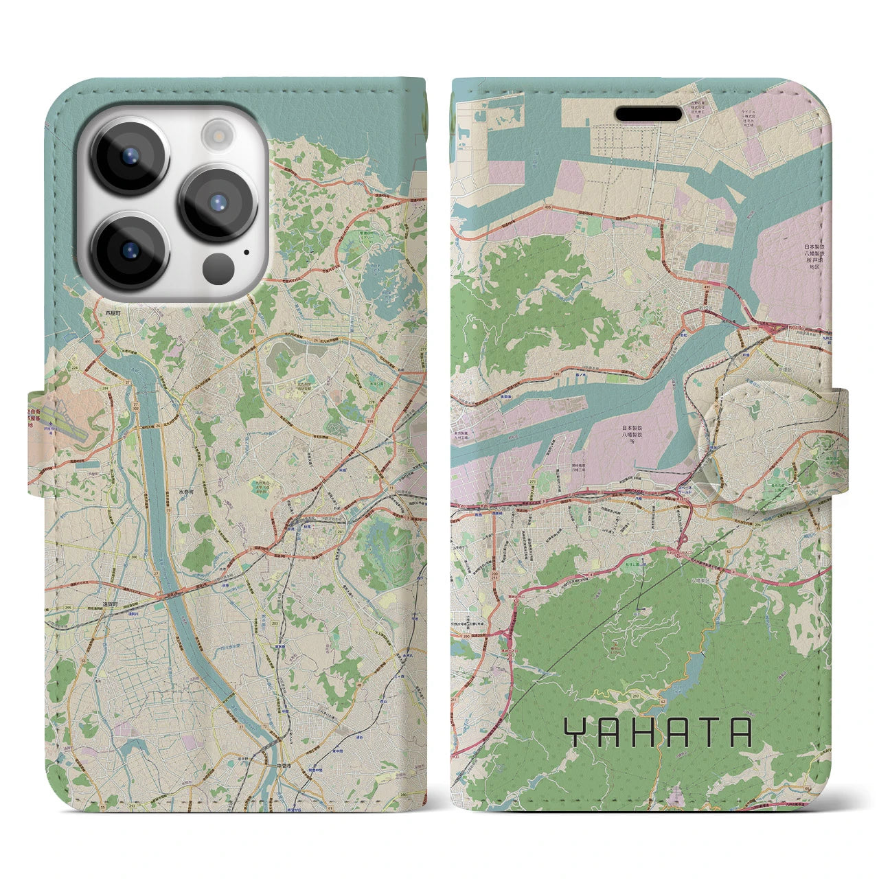 【八幡】地図柄iPhoneケース（手帳両面タイプ・ナチュラル）iPhone 14 Pro 用
