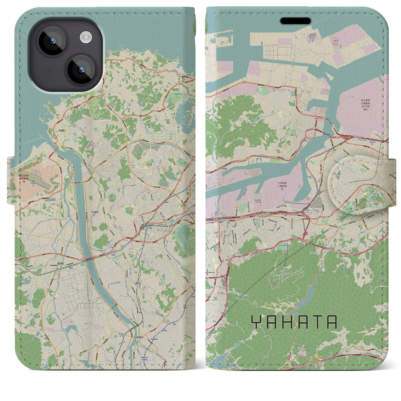 【八幡】地図柄iPhoneケース（手帳両面タイプ・ナチュラル）iPhone 14 Plus 用