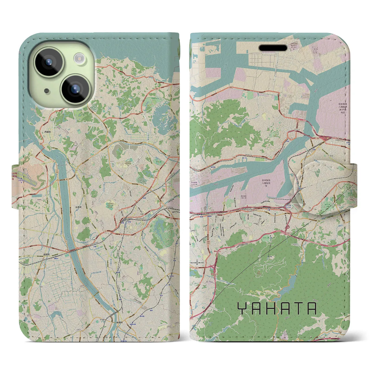 【八幡】地図柄iPhoneケース（手帳両面タイプ・ナチュラル）iPhone 15 用