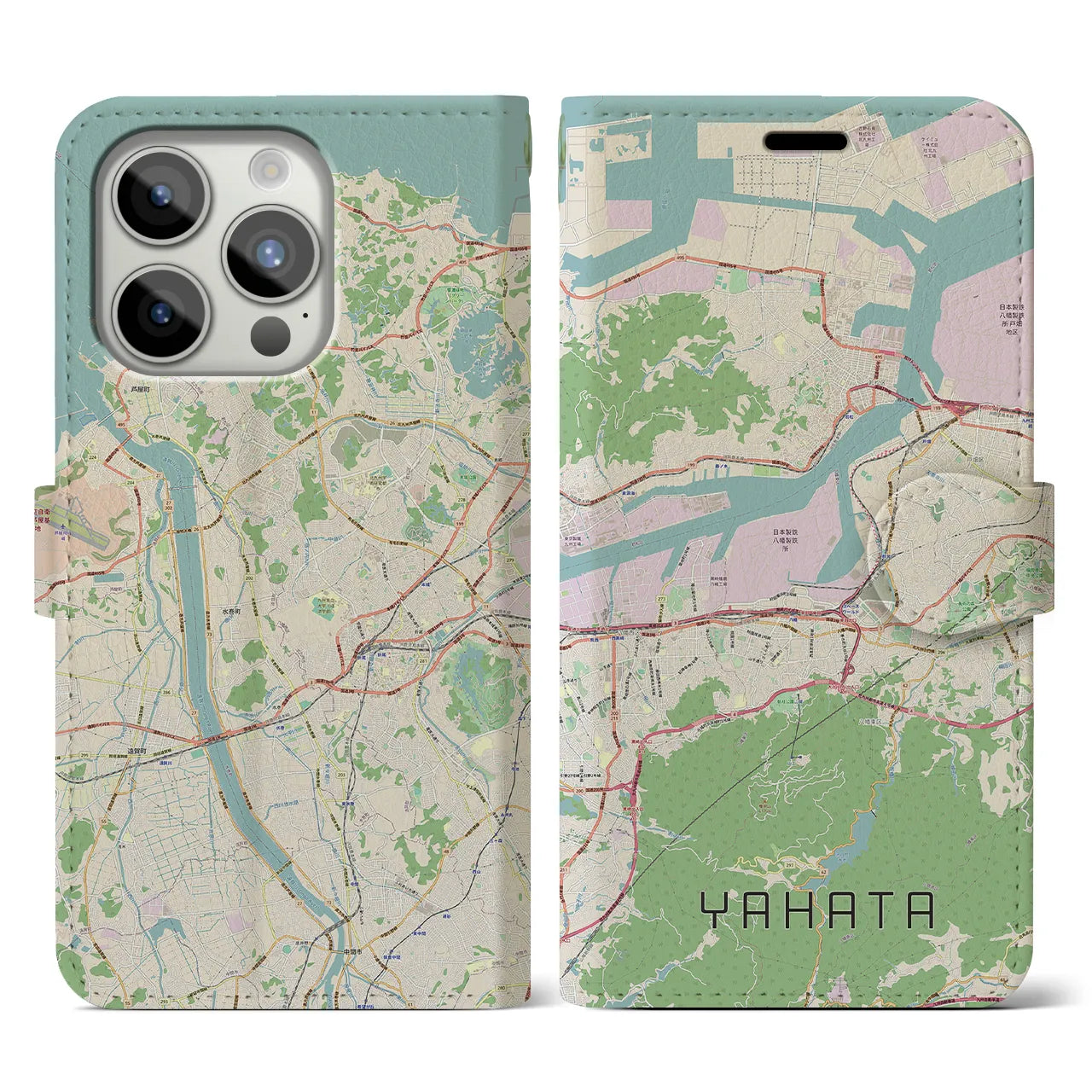 【八幡】地図柄iPhoneケース（手帳両面タイプ・ナチュラル）iPhone 15 Pro 用