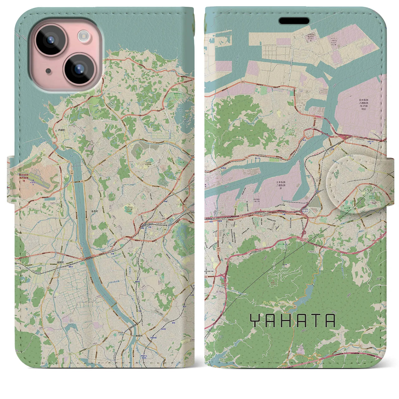 【八幡】地図柄iPhoneケース（手帳両面タイプ・ナチュラル）iPhone 15 Plus 用